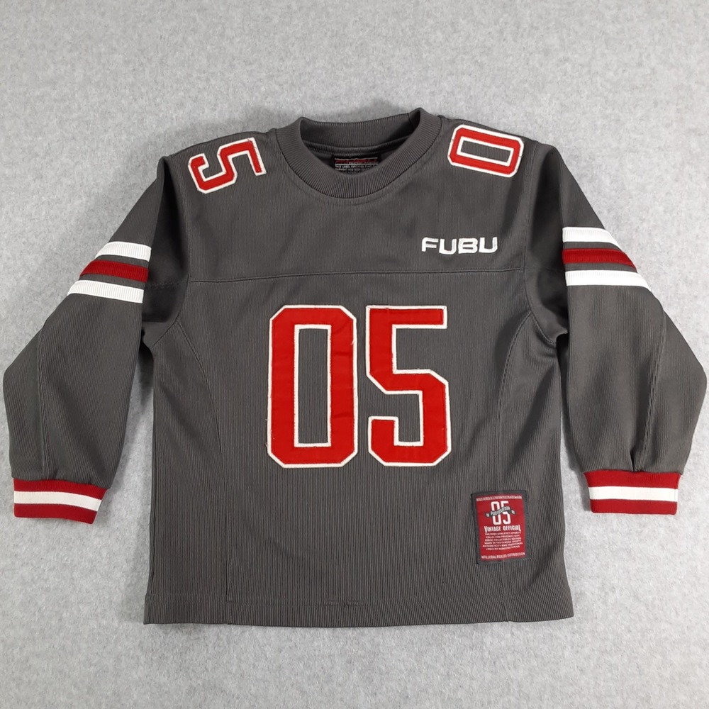 FUBU Kids Vintage Official Football Jersey Gray Red 05 Ribbed Long Sleeve S4